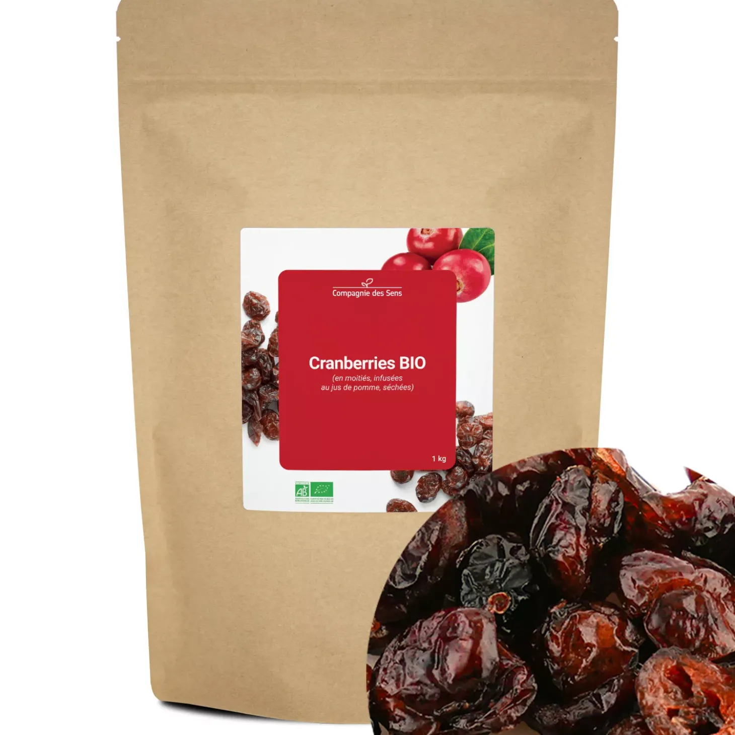 Cranberries bio (en moitiés, infusées au jus de pomme, séchées)